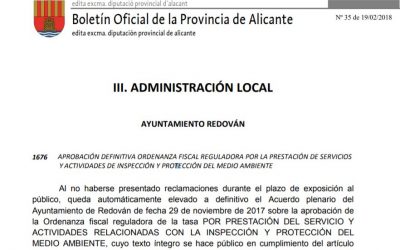 Aprovació definitiva de l’Ordenança Fiscal Reguladora per la Prestació de Servicis i Activitats d’Inspecció i Protecció del Medi Ambient